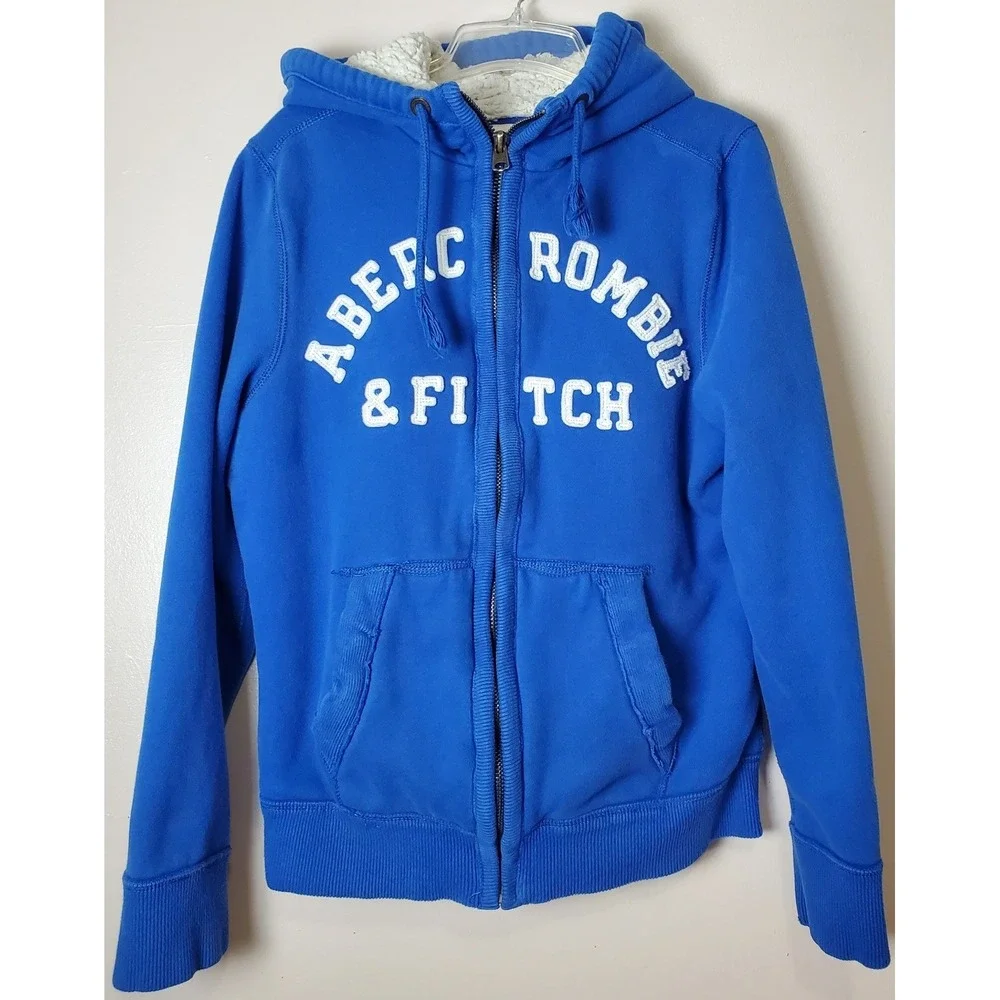 Vintage Y2K Abercrombie & Fitch Sherpa Lined Full Zip Hoodie Jacket Royal Blue